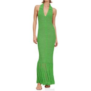 Saodimallsu Womens Halter Crochet Cover Up Fringe Sexy Backless Sleeveless V Neck Collared Vacation Beach Maxi Dress(Green)