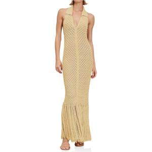 Saodimallsu Womens Halter Crochet Cover Up Fringe Sexy Backless Sleeveless V Neck Collared Vacation Beach Maxi Dress(Khaki)