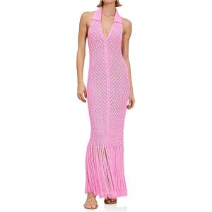 Saodimallsu Womens Halter Crochet Cover Up Fringe Sexy Backless Sleeveless V Neck Collared Vacation Beach Maxi Dress(Pink)