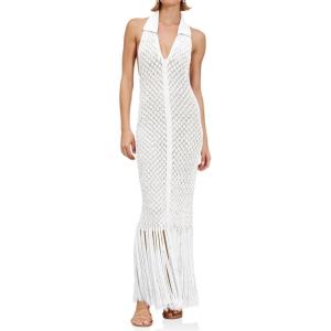 Saodimallsu Womens Halter Crochet Cover Up Fringe Sexy Backless Sleeveless V Neck Collared Vacation Beach Maxi Dress(White)