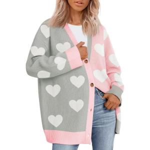 Saodimallsu Womens Heart Cardigan Sweaters Valentines Oversized Winter Color Block Button Up Cute Ribbed Sweater Coats(Grey)