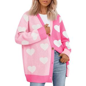 Saodimallsu Womens Heart Cardigan Sweaters Valentines Oversized Winter Color Block Button Up Cute Ribbed Sweater Coats(Pink)