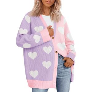 Saodimallsu Womens Heart Cardigan Sweaters Valentines Oversized Winter Color Block Button Up Cute Ribbed Sweater Coats(Purple)