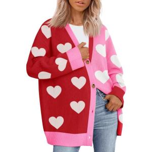 Saodimallsu Womens Heart Cardigan Sweaters Valentines Oversized Winter Color Block Button Up Cute Ribbed Sweater Coats(Red)