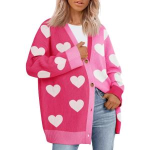 Saodimallsu Womens Heart Cardigan Sweaters Valentines Oversized Winter Color Block Button Up Cute Ribbed Sweater Coats(Rose Red)