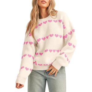 Saodimallsu Womens Heart Sweater Valentine Crew Neck Cute Ribbed Knit Loose Casual Pullover Sweaters Tops(Beige)