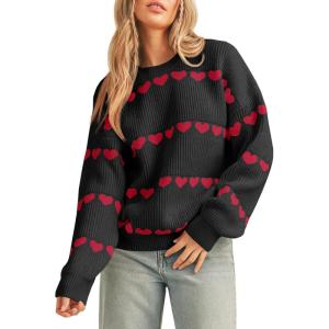 Saodimallsu Womens Heart Sweater Valentine Crew Neck Cute Ribbed Knit Loose Casual Pullover Sweaters Tops(Black)