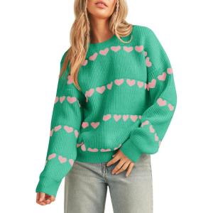 Saodimallsu Womens Heart Sweater Valentine Crew Neck Cute Ribbed Knit Loose Casual Pullover Sweaters Tops(Green)