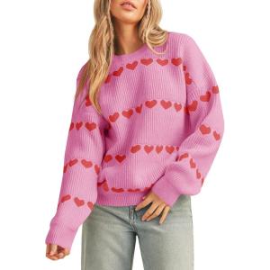 Saodimallsu Womens Heart Sweater Valentine Crew Neck Cute Ribbed Knit Loose Casual Pullover Sweaters Tops(Pink)