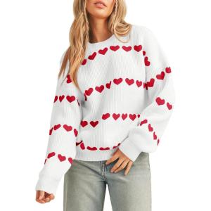 Saodimallsu Womens Heart Sweater Valentine Crew Neck Cute Ribbed Knit Loose Casual Pullover Sweaters Tops(White)