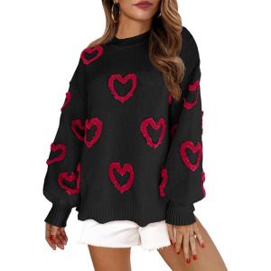 Saodimallsu Womens Heart Sweater Valentines Oversized Cute Winter Chunky Knit Crew Neck Side Slit Pullover Sweaters(Black)