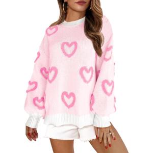 Saodimallsu Womens Heart Sweater Valentines Oversized Cute Winter Chunky Knit Crew Neck Side Slit Pullover Sweaters(Pink)