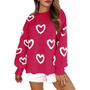 Saodimallsu Womens Heart Sweater Valentines Oversized Cute Winter Chunky Knit Crew Neck Side Slit Pullover Sweaters(Red)