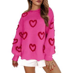 Saodimallsu Womens Heart Sweater Valentines Oversized Cute Winter Chunky Knit Crew Neck Side Slit Pullover Sweaters(Rose Red)