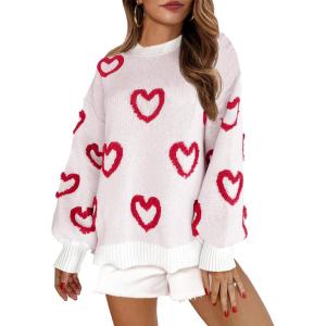 Saodimallsu Womens Heart Sweater Valentines Oversized Cute Winter Chunky Knit Crew Neck Side Slit Pullover Sweaters(White)
