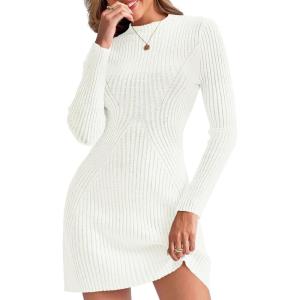 Saodimallsu Womens Long Sleeve Sweater Dress Bodycon Crew Neck Fall Slimming Knit Mini Dresses(White)