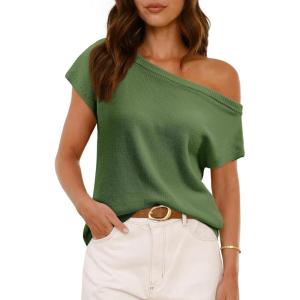 Saodimallsu Womens Off One Shoulder Sweater Tops Summer Short Sleeve Casual Loose Knit Trendy Going Out Tops(Army Green)
