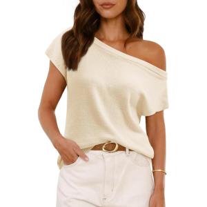 Saodimallsu Womens Off One Shoulder Sweater Tops Summer Short Sleeve Casual Loose Knit Trendy Going Out Tops(Beige)