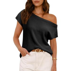 Saodimallsu Womens Off One Shoulder Sweater Tops Summer Short Sleeve Casual Loose Knit Trendy Going Out Tops(Black)