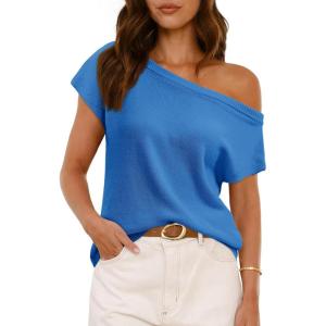 Saodimallsu Womens Off One Shoulder Sweater Tops Summer Short Sleeve Casual Loose Knit Trendy Going Out Tops(Blue)