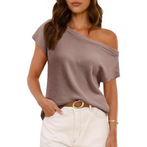 Saodimallsu Womens Off One Shoulder Sweater Tops Summer Short Sleeve Casual Loose Knit Trendy Going Out Tops(Brown)