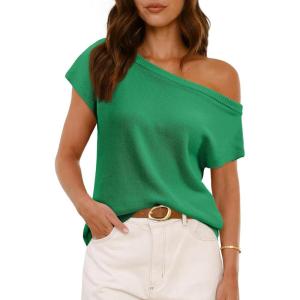 Saodimallsu Womens Off One Shoulder Sweater Tops Summer Short Sleeve Casual Loose Knit Trendy Going Out Tops(Green)