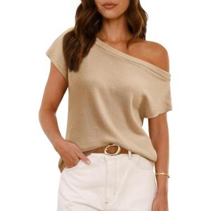 Saodimallsu Womens Off One Shoulder Sweater Tops Summer Short Sleeve Casual Loose Knit Trendy Going Out Tops(Khaki)