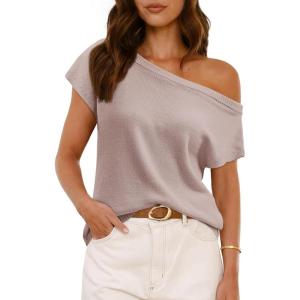 Saodimallsu Womens Off One Shoulder Sweater Tops Summer Short Sleeve Casual Loose Knit Trendy Going Out Tops(Light Brown)