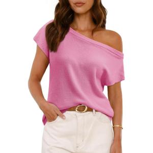 Saodimallsu Womens Off One Shoulder Sweater Tops Summer Short Sleeve Casual Loose Knit Trendy Going Out Tops(Pink)