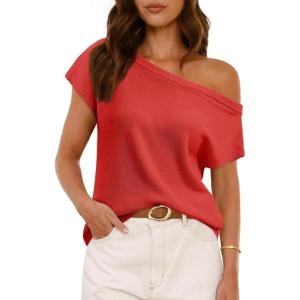 Saodimallsu Womens Off One Shoulder Sweater Tops Summer Short Sleeve Casual Loose Knit Trendy Going Out Tops(Red)
