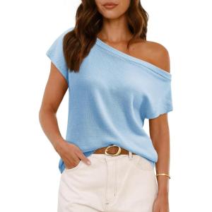 Saodimallsu Womens Off One Shoulder Sweater Tops Summer Short Sleeve Casual Loose Knit Trendy Going Out Tops(Sky Blue)