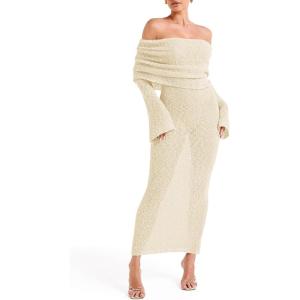 Saodimallsu Womens Off Shoulder Summer Maxi Dress Bell Long Sleeve Sexy Bodycon Strapless Sheer Beach Swimsuit Coverup(Beige)