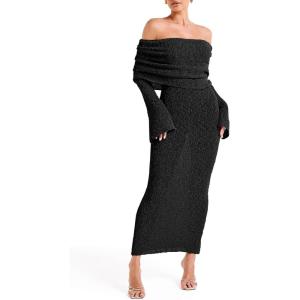 Saodimallsu Womens Off Shoulder Summer Maxi Dress Bell Long Sleeve Sexy Bodycon Strapless Sheer Beach Swimsuit Coverup(Black)