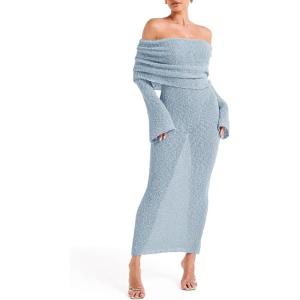 Saodimallsu Womens Off Shoulder Summer Maxi Dress Bell Long Sleeve Sexy Bodycon Strapless Sheer Beach Swimsuit Coverup(Blue)