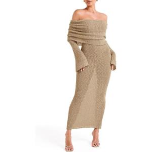 Saodimallsu Womens Off Shoulder Summer Maxi Dress Bell Long Sleeve Sexy Bodycon Strapless Sheer Beach Swimsuit Coverup(Khaki)