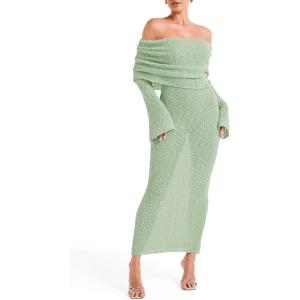 Saodimallsu Womens Off Shoulder Summer Maxi Dress Bell Long Sleeve Sexy Bodycon Strapless Sheer Beach Swimsuit Coverup(Mint Color)