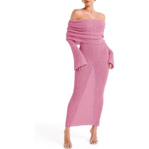 Saodimallsu Womens Off Shoulder Summer Maxi Dress Bell Long Sleeve Sexy Bodycon Strapless Sheer Beach Swimsuit Coverup(Pink)