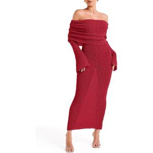 Saodimallsu Womens Off Shoulder Summer Maxi Dress Bell Long Sleeve Sexy Bodycon Strapless Sheer Beach Swimsuit Coverup(Red)