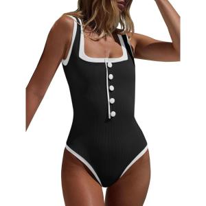 Saodimallsu Womens One Piece Swimsuit Vintage Ribbed Slimming High Cut Color Block Button Square Neck Bathing Suit(Black)