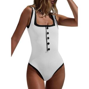 Saodimallsu Womens One Piece Swimsuit Vintage Ribbed Slimming High Cut Color Block Button Square Neck Bathing Suit(White)