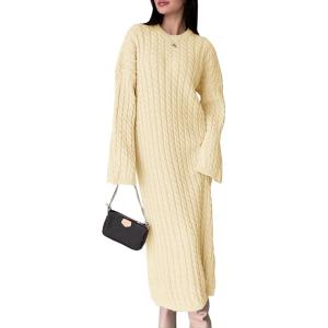 Saodimallsu Womens Oversized Cable Knit Sweater Dress Drop Shoulder Long Sleeve Loose Fall Midi Pullover Sweater Dresses(Beige)