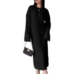 Saodimallsu Womens Oversized Cable Knit Sweater Dress Drop Shoulder Long Sleeve Loose Fall Midi Pullover Sweater Dresses(Black)