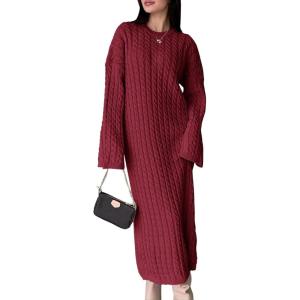 Saodimallsu Womens Oversized Cable Knit Sweater Dress Drop Shoulder Long Sleeve Loose Fall Midi Pullover Sweater Dresses(Burgundy)