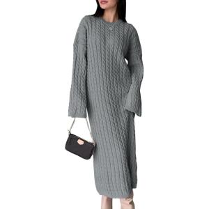 Saodimallsu Womens Oversized Cable Knit Sweater Dress Drop Shoulder Long Sleeve Loose Fall Midi Pullover Sweater Dresses(Grey)