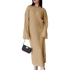 Saodimallsu Womens Oversized Cable Knit Sweater Dress Drop Shoulder Long Sleeve Loose Fall Midi Pullover Sweater Dresses(Khaki)