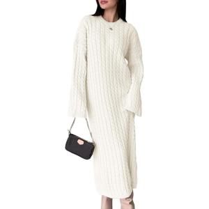 Saodimallsu Womens Oversized Cable Knit Sweater Dress Drop Shoulder Long Sleeve Loose Fall Midi Pullover Sweater Dresses(White)