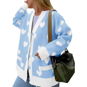 Saodimallsu Womens Oversized Heart Cardigan Color Block V Neck Button Long Sleeve Chunky Valentines Sweaters(Blue)