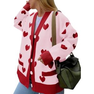 Saodimallsu Womens Oversized Heart Cardigan Color Block V Neck Button Long Sleeve Chunky Valentines Sweaters(Pink)