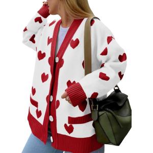Saodimallsu Womens Oversized Heart Cardigan Color Block V Neck Button Long Sleeve Chunky Valentines Sweaters(White)