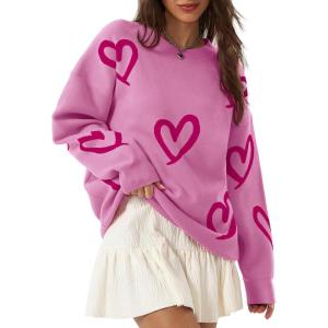 Saodimallsu Womens Oversized Heart Sweater Crew Neck Long Sleeve Knit Cute Valentines Pullover Sweaters(Pink Red)